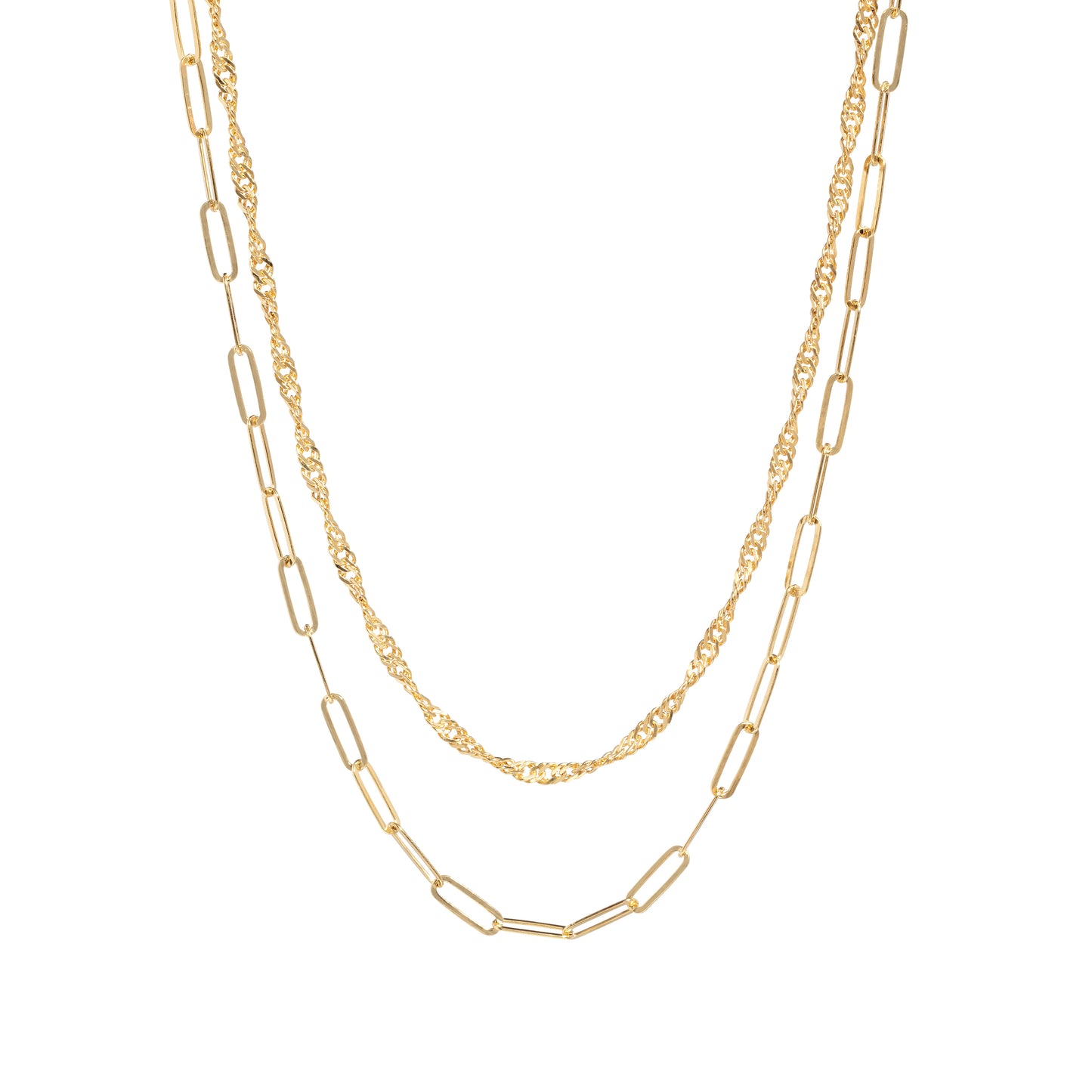 14K Gold Plated Twist & Paperclip Link Multi-Strand Necklace