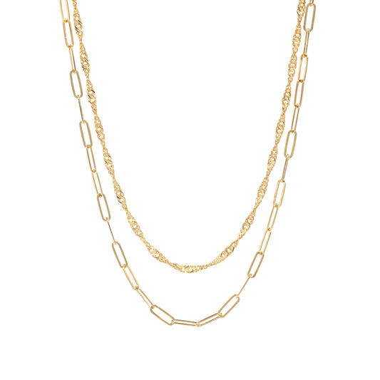 14K Gold Plated Twist & Paperclip Link Multi-Strand Necklace