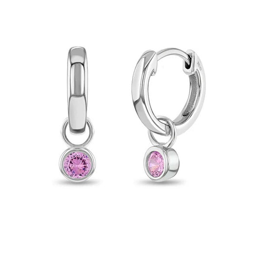 Sterling Silver Dangle Pink CZ Children's Hoop Earrings