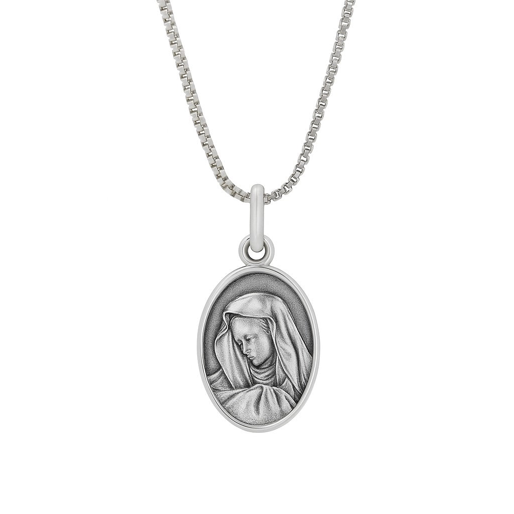 Sterling Silver Virgin Mary Box Link Chain Necklace