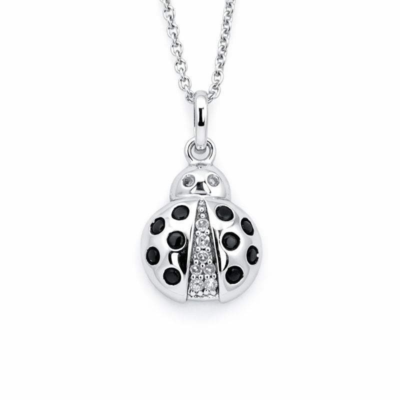 Sterling Silver Black & White Diamond Ladybug Pendant Necklace