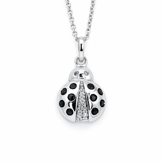 Sterling Silver Black & White Diamond Ladybug Pendant Necklace