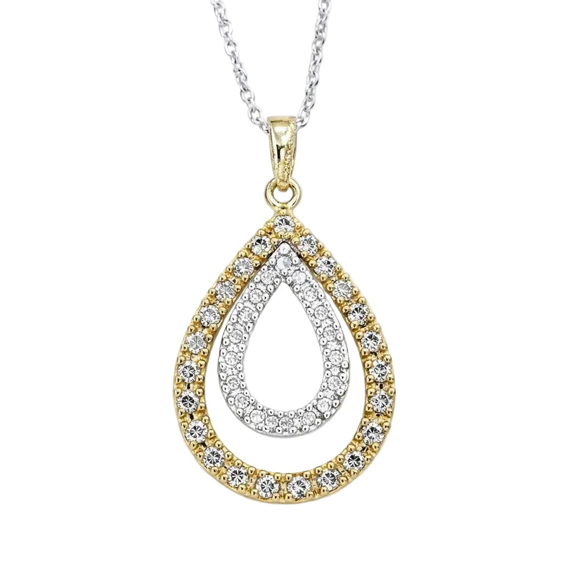 Sterling Silver & 10K Yellow Gold Chocolate & White Diamond Open Teardrop Pendant Necklace