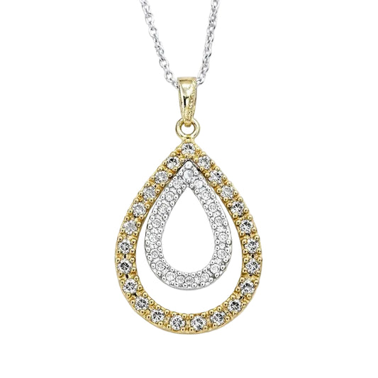 Sterling Silver & 10K Yellow Gold Chocolate & White Diamond Open Teardrop Pendant Necklace