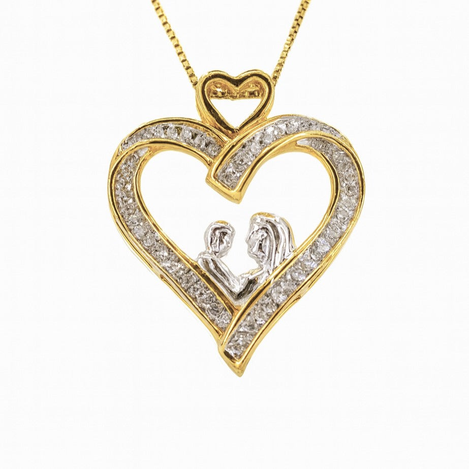 Sterling Silver & 14K Gold Diamond Mother & Child Heart Pendant Necklace