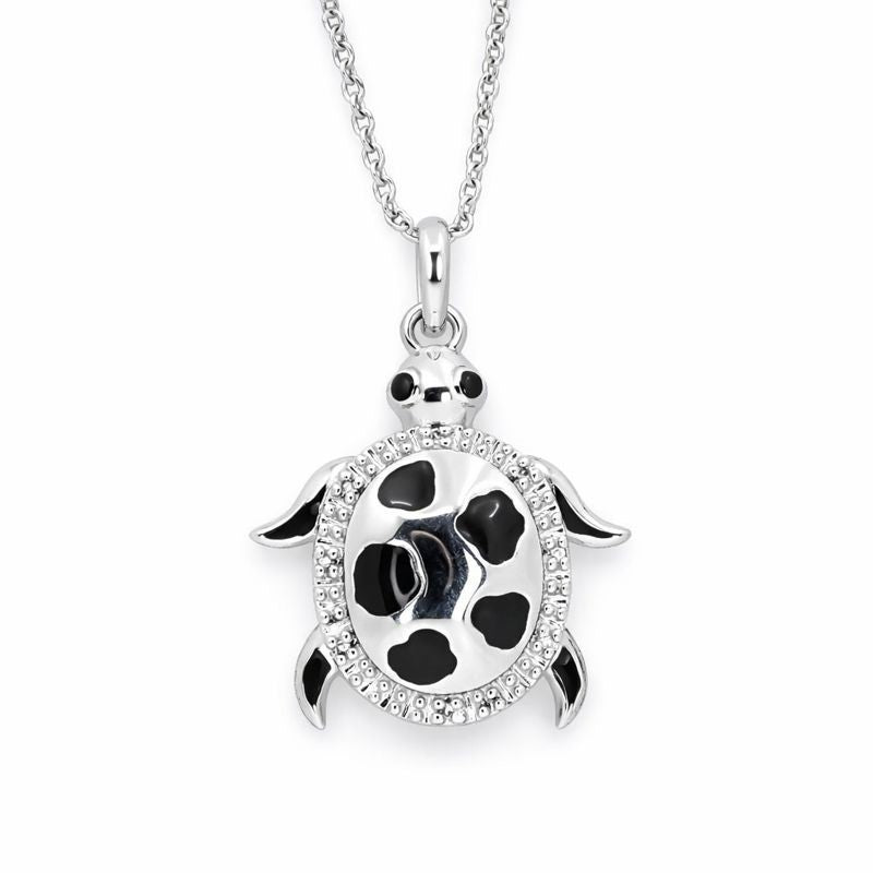 Sterling Silver Black Enamel Pavé Set Diamond Turtle Pendant Necklace