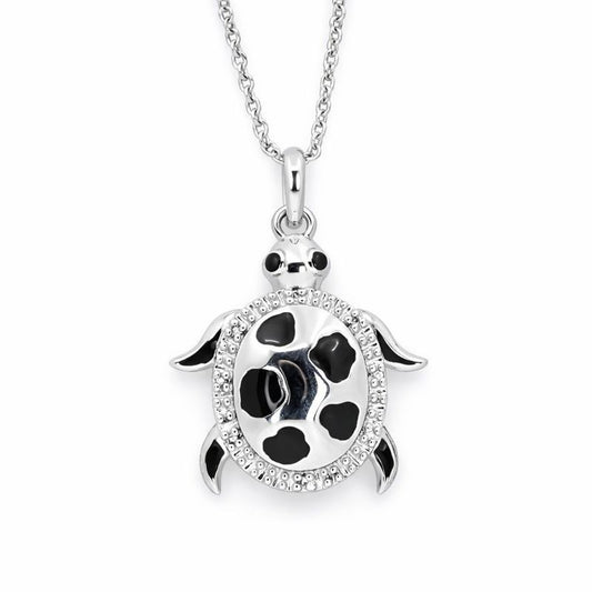 Sterling Silver Black Enamel Pavé Set Diamond Turtle Pendant Necklace