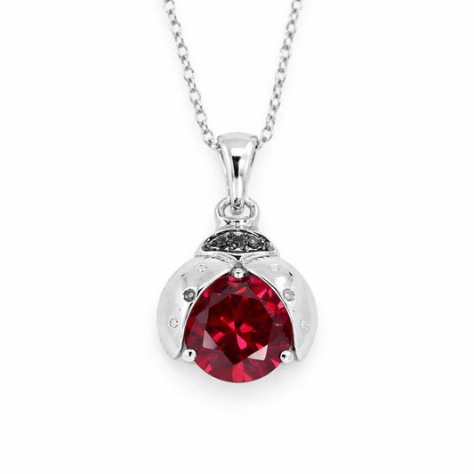 Sterling Silver Ruby & Black Diamond Ladybug Pendant Necklace