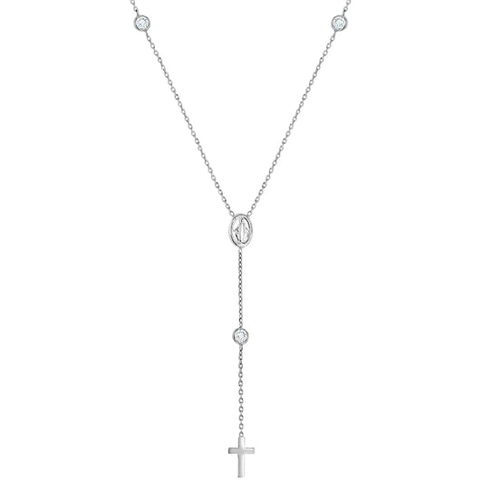 Sterling Silver Clear CZ Rosary & Cross Children's Necklace