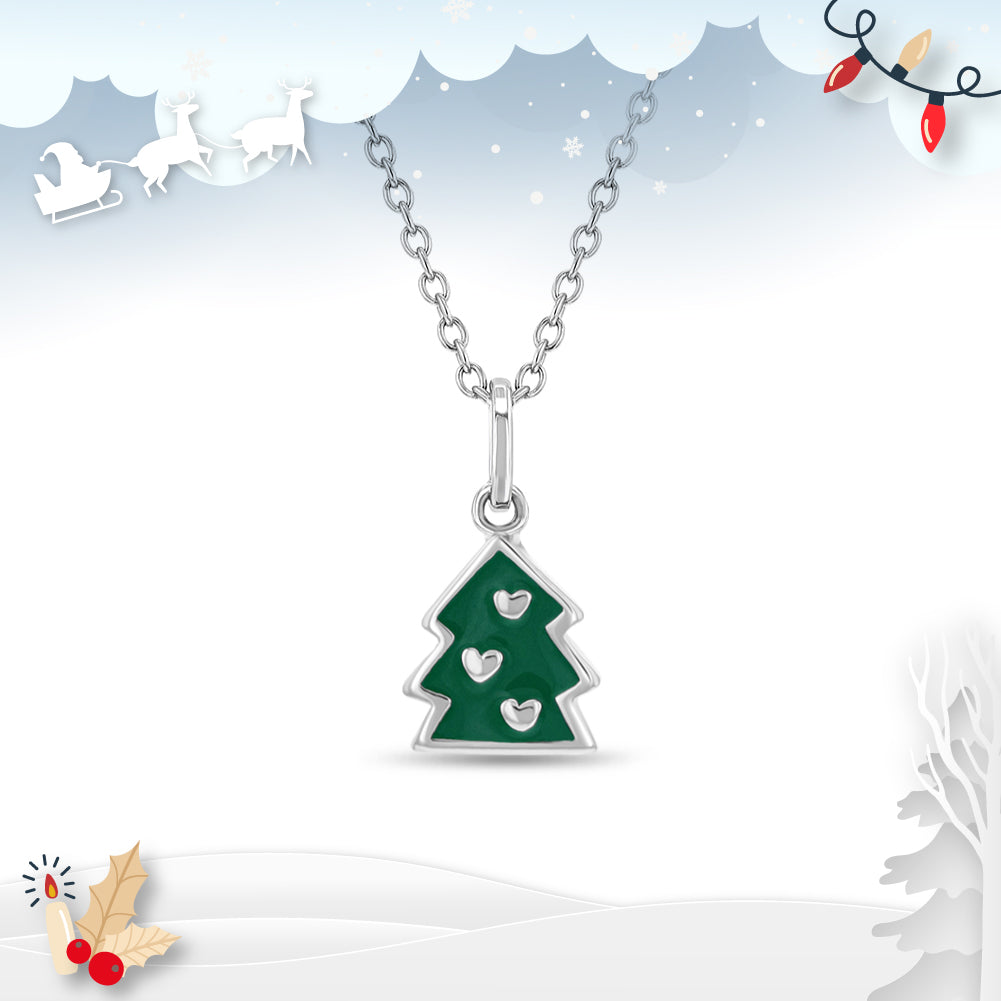 Sterling Silver Green Enamel Christmas Tree Children's Necklace