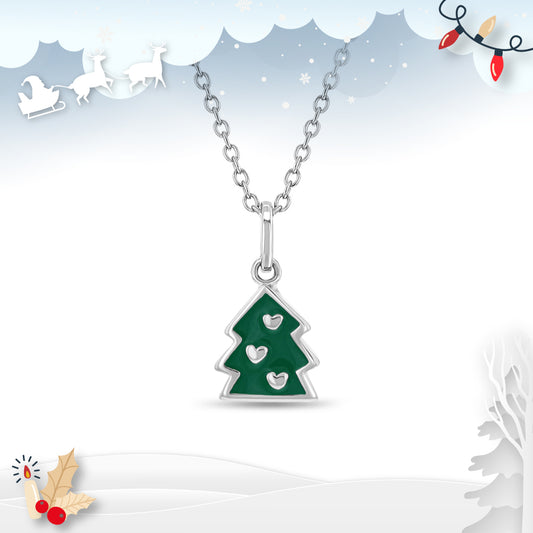 Sterling Silver Green Enamel Christmas Tree Children's Necklace