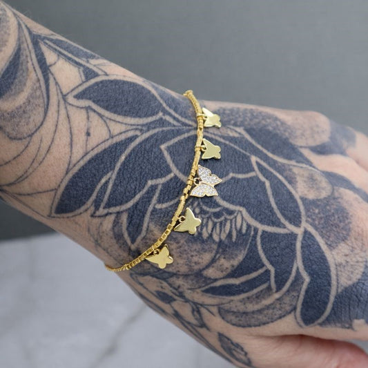 14K Gold Plated CZ Butterfly Bead Bracelet