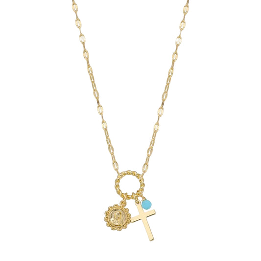 14k Gold Plated Blue Crystal Charm Cross Necklace
