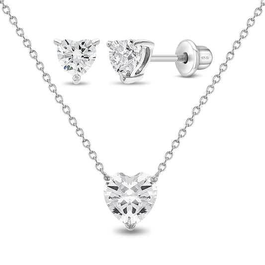 Sterling Silver Clear CZ Heart Necklace & Earring Children's Set