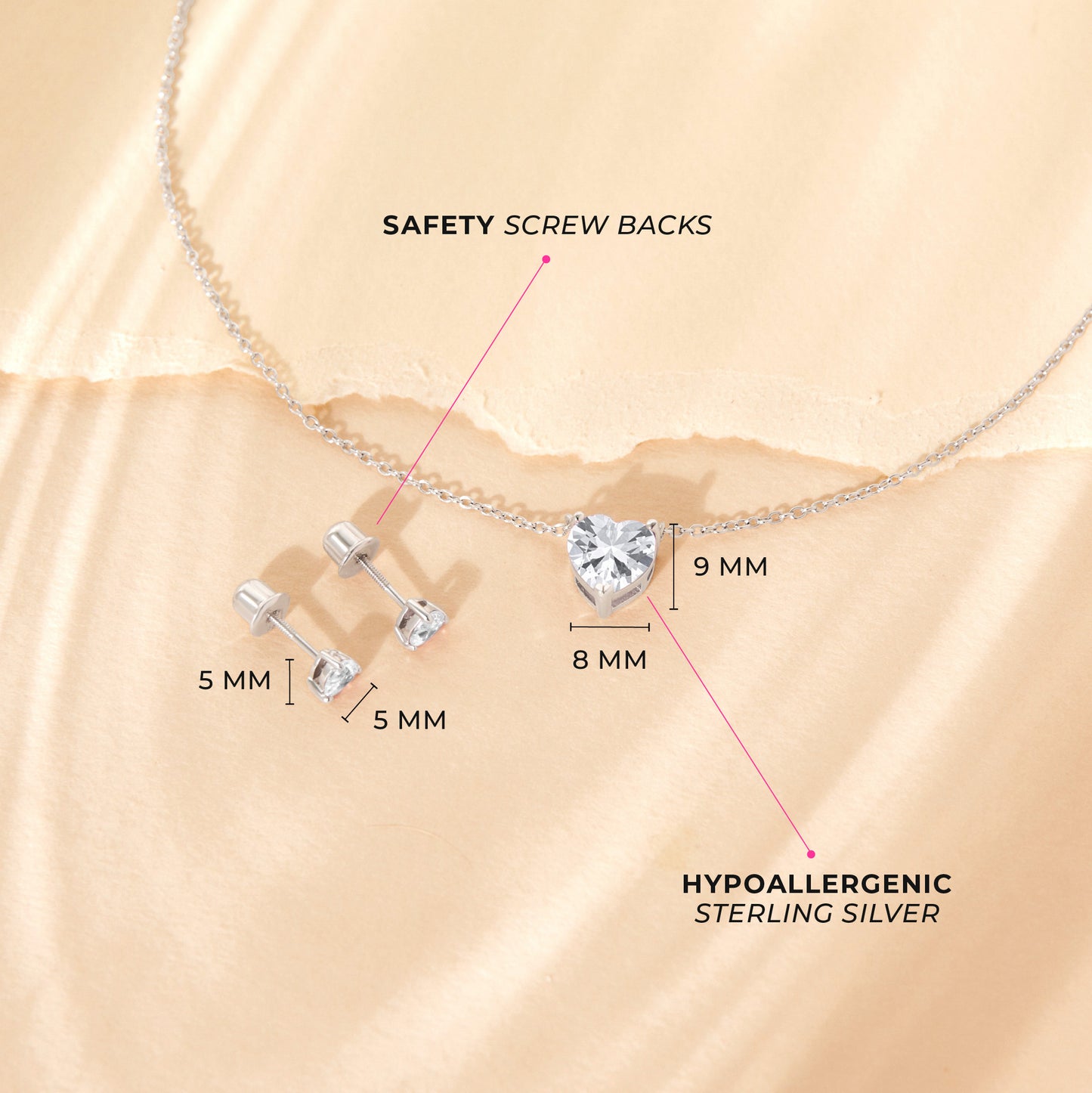 Sterling Silver Clear CZ Heart Necklace & Earring Children's Set