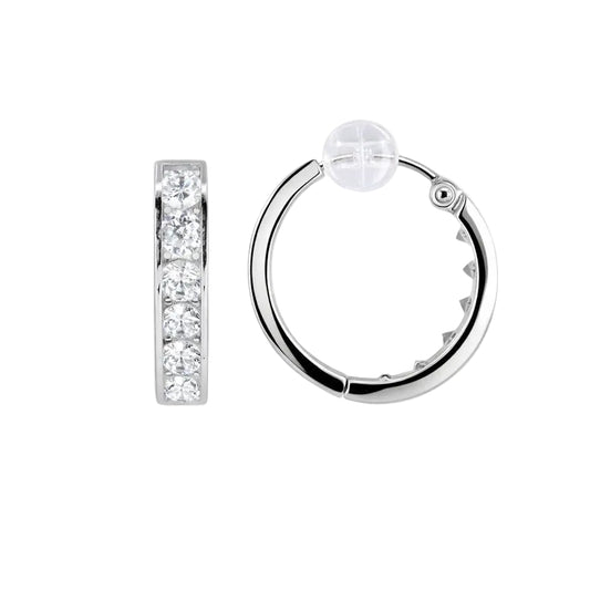 14K White Gold One Row Channel Set CZ 3.5mm Hoop Earrings