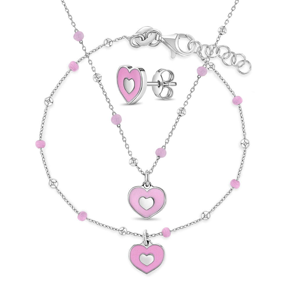 Sterling Silver Pink Enamel Heart Children's Earring, Bracelet & Necklace Set