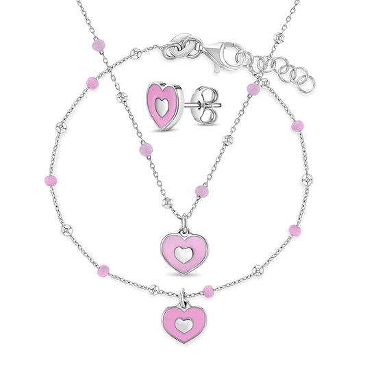 Sterling Silver Pink Enamel Heart Children's Earring, Bracelet & Necklace Set
