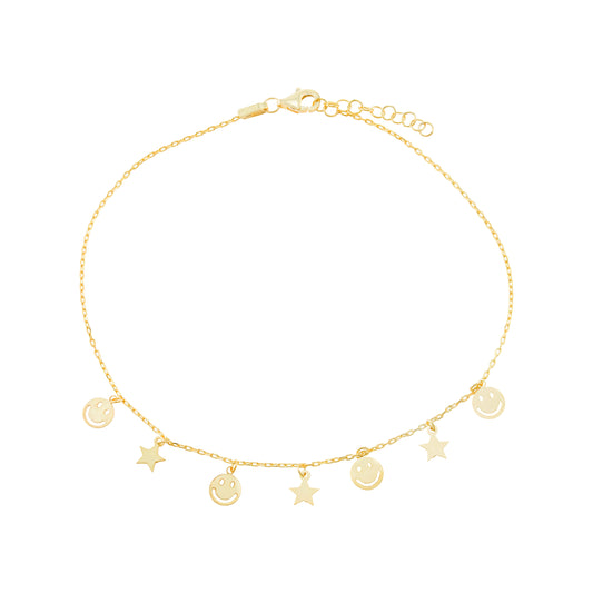 14K Gold Plated Smiley Face & Star Anklet