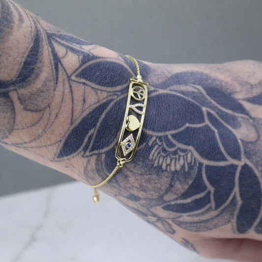 14k Gold Plated CZ Charm Cartouche Adjustable Bracelet