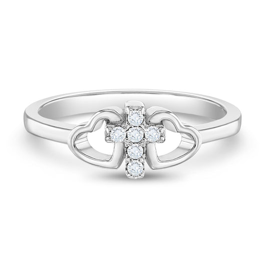 Sterling Silver Heart & Clear CZ Cross Children's Ring