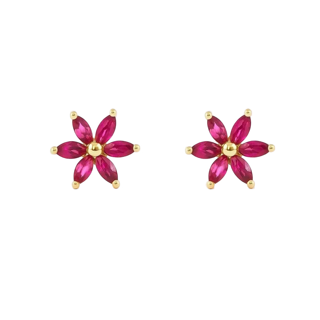 14K Yellow Gold Pink CZ Flower Screw Back Stud Earrings