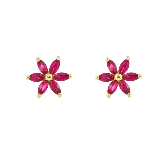 14K Yellow Gold Pink CZ Flower Screw Back Stud Earrings