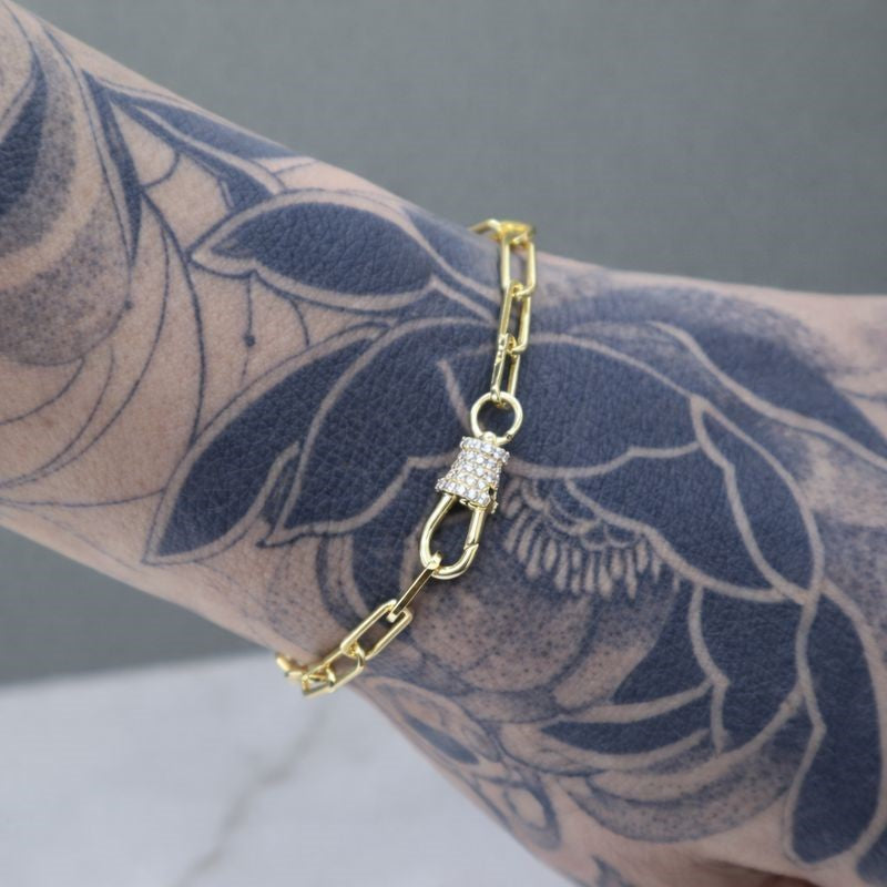 14K Gold Plated Lock Paperclip Link Bracelet with CZ Accent