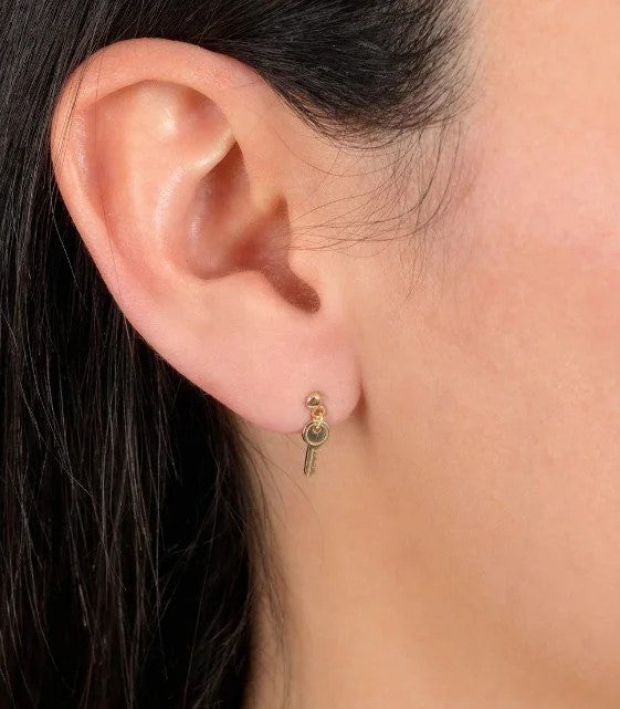 14K Gold Plated Mini Key Drop Stud Earrings