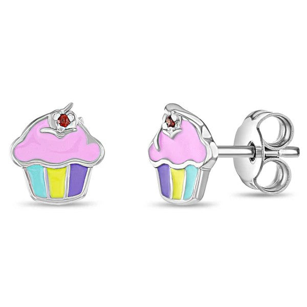 Sterling Silver CZ Enamel Cupcake Children's Earrings
