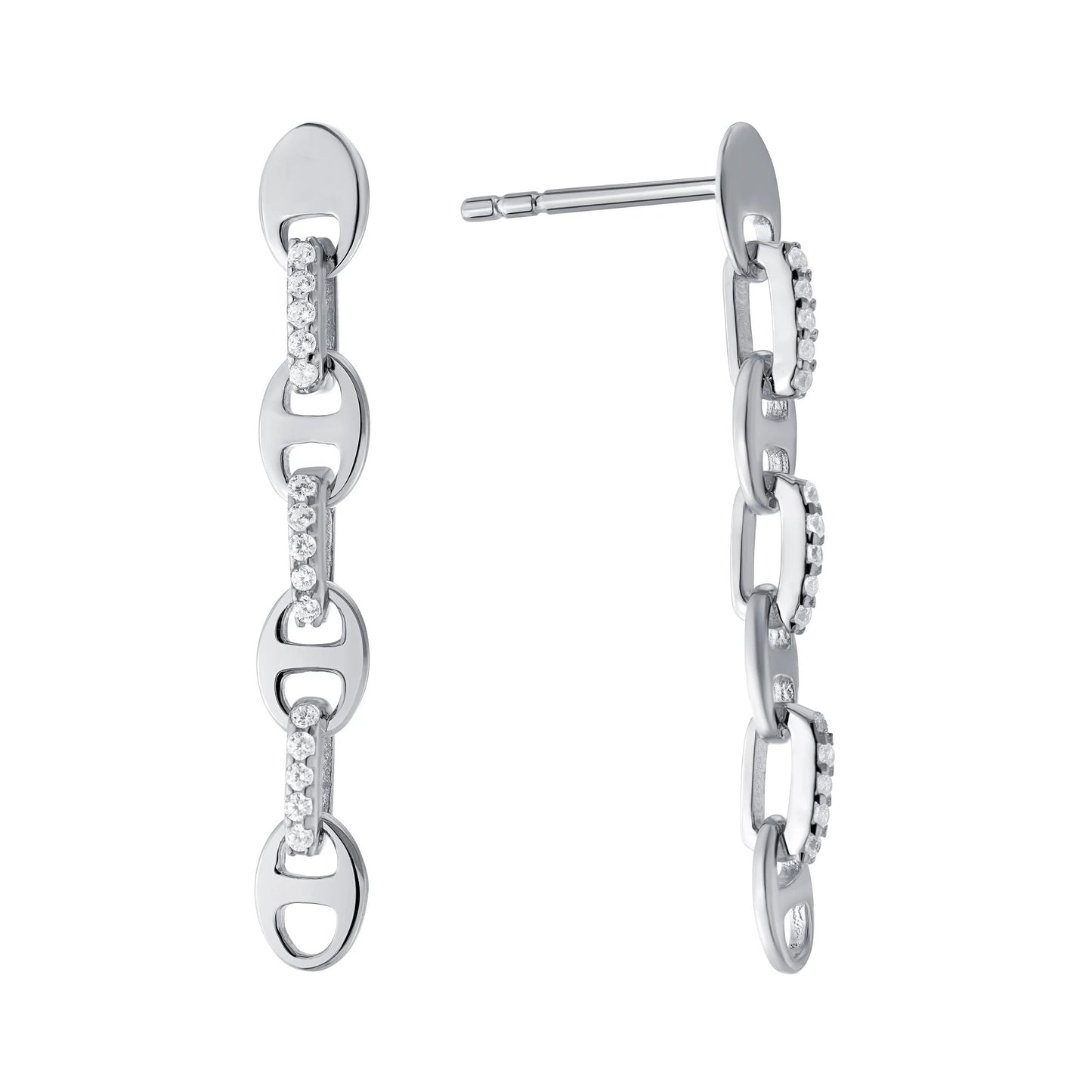 Rhodium Plated CZ Fancy Oval Link Drop Earrings