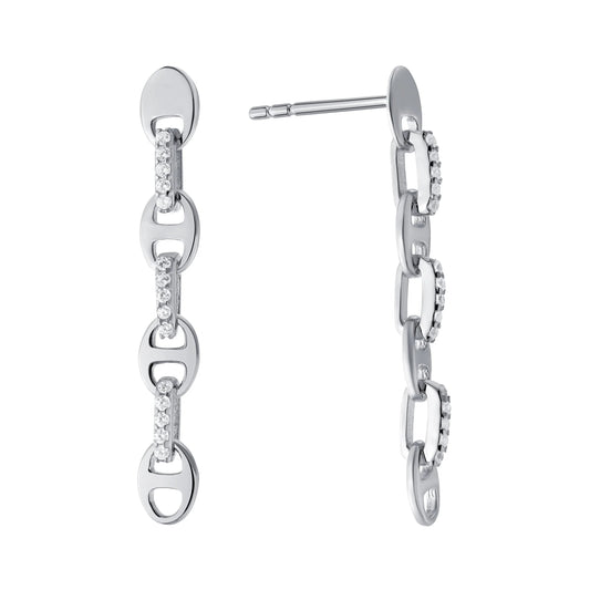 Rhodium Plated CZ Fancy Oval Link Drop Earrings