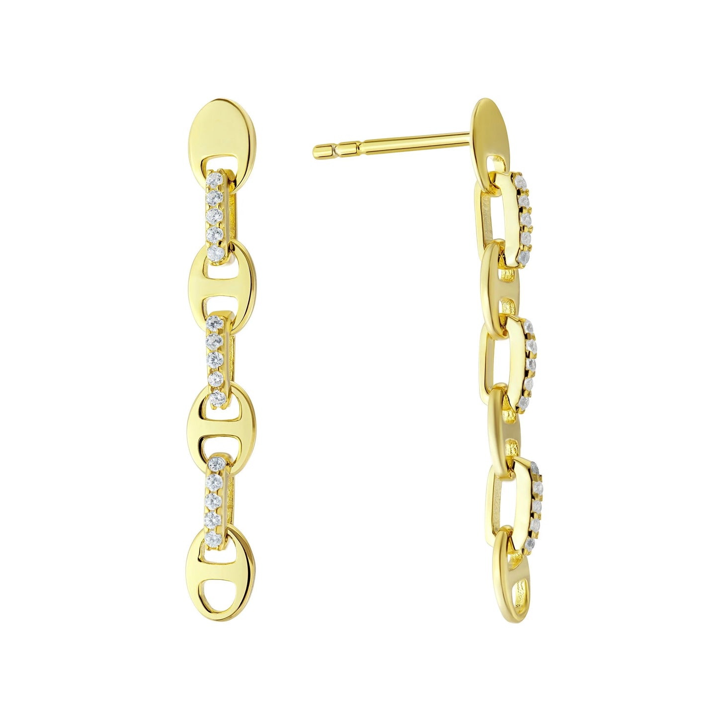 14K Gold Plated CZ Fancy Oval Link Drop Earrings