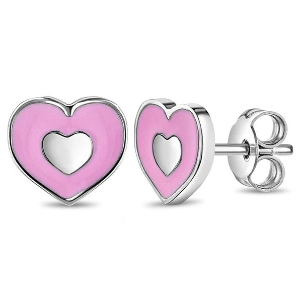 Sterling Silver Pink Enamel Heart Children's Earrings