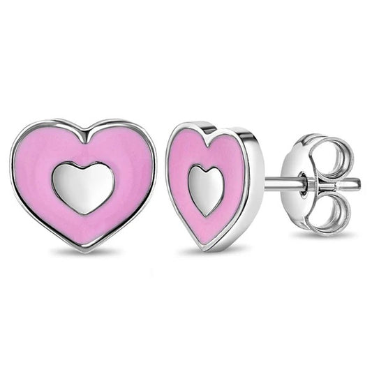 Sterling Silver Pink Enamel Heart Children's Earrings