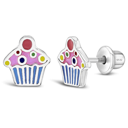 Sterling Silver Enamel Cupcake Children's Earrings