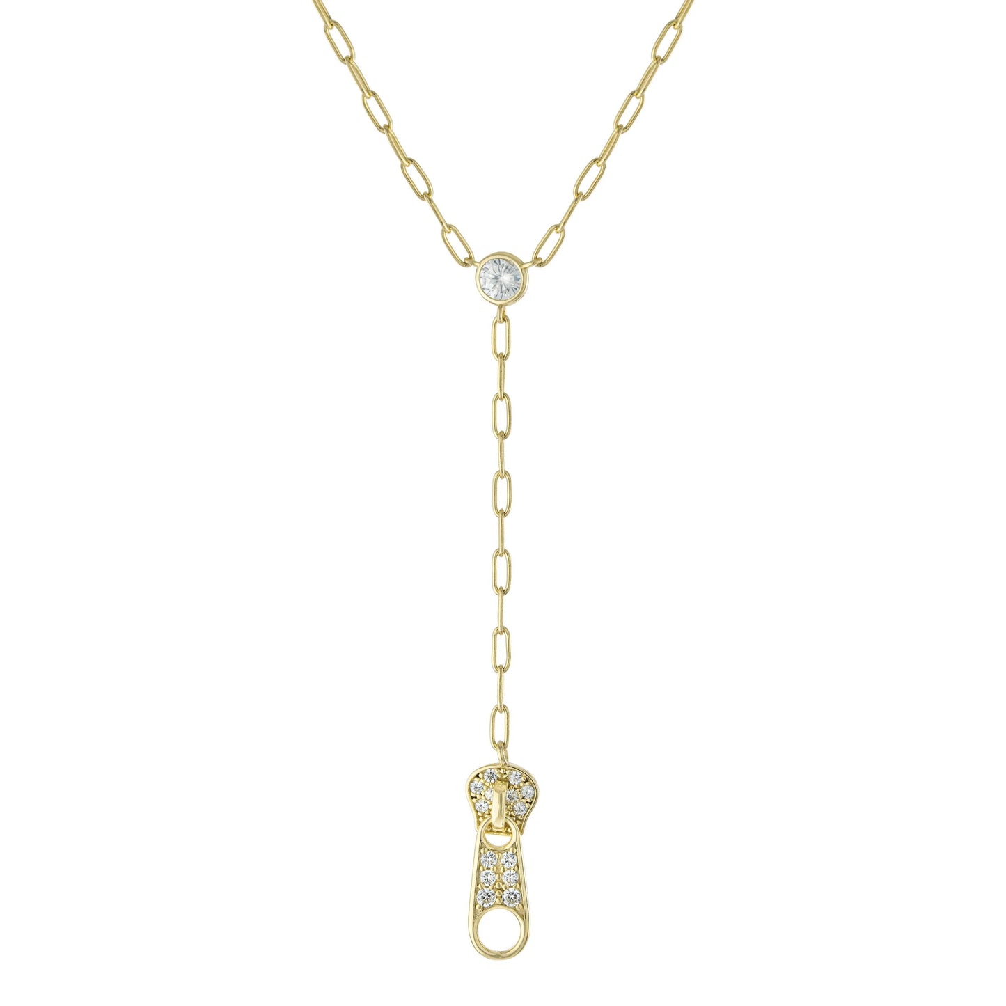 14K Gold Plated CZ Zipper-Design Oval Link Y-Necklace