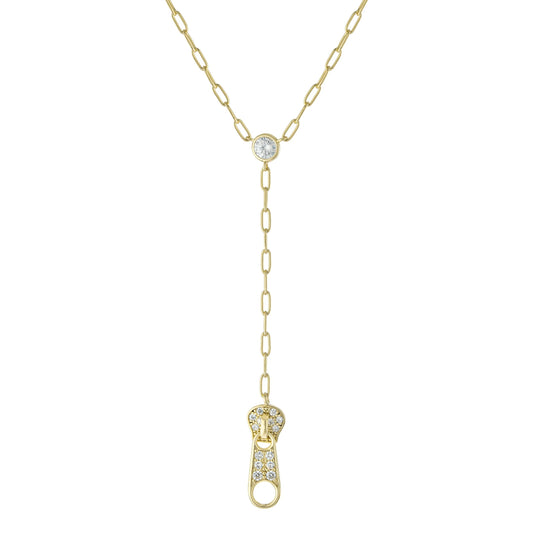 14K Gold Plated CZ Zipper-Design Oval Link Y-Necklace