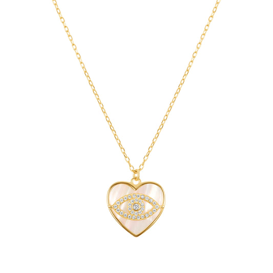 14K Gold Plated Mother of Pearl Heart & CZ Evil Eye Necklace