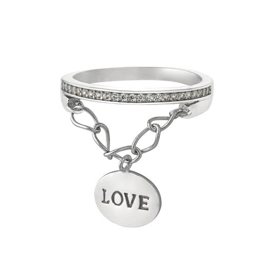 Sterling Silver CZ Band Ring with Dangling Love Charm