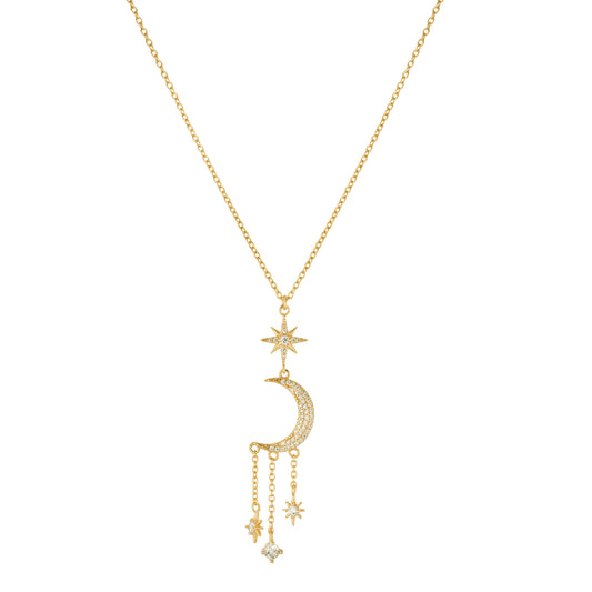 14K Gold Plated CZ Moon, Star & Starburst Drop Necklace