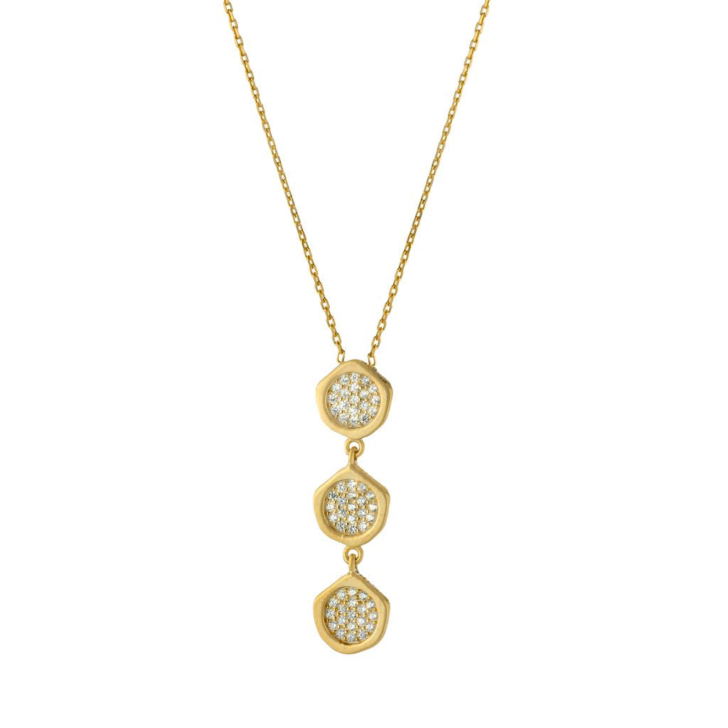 14k Gold Plated Triple CZ Disk Drop Necklace