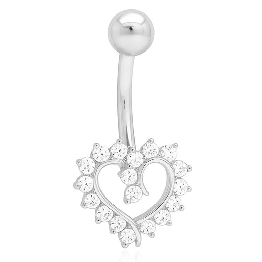 14K White Gold CZ Heart 14G Navel Ring