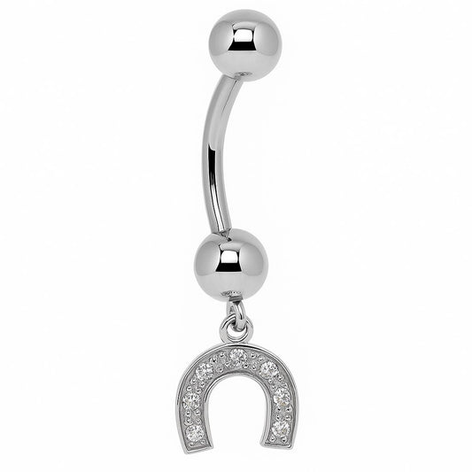 14K White Gold Dangle CZ Horseshoe Navel Ring