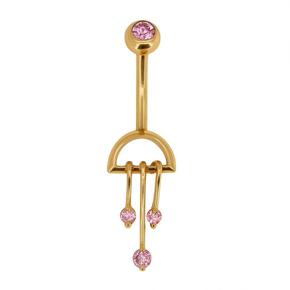 14K Gold Dangle Pink CZ Navel Ring