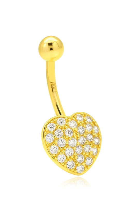 14K Yellow Gold CZ Heart 16G Navel Ring