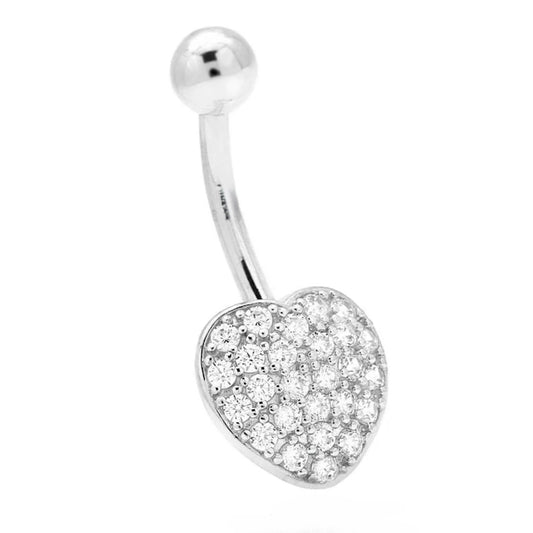 14K White Gold CZ Heart 16G Navel Ring