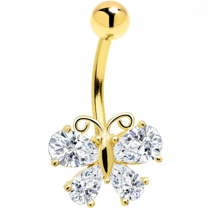 14K Gold CZ Butterfly 14G Navel Ring