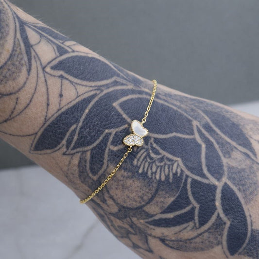 14k Gold Plated CZ & Mother Of Pearl Butterfly Bracelet