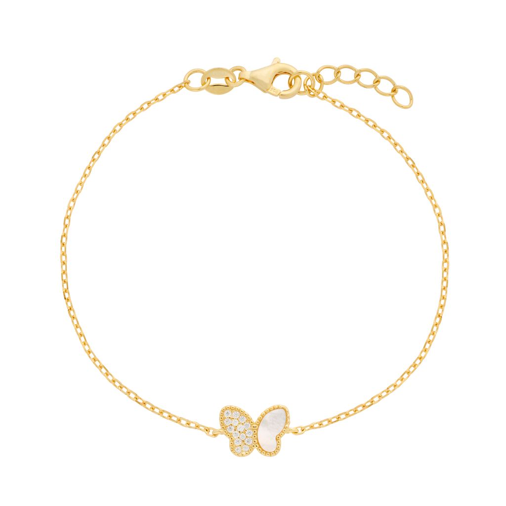 14k Gold Plated CZ & Mother Of Pearl Butterfly Bracelet